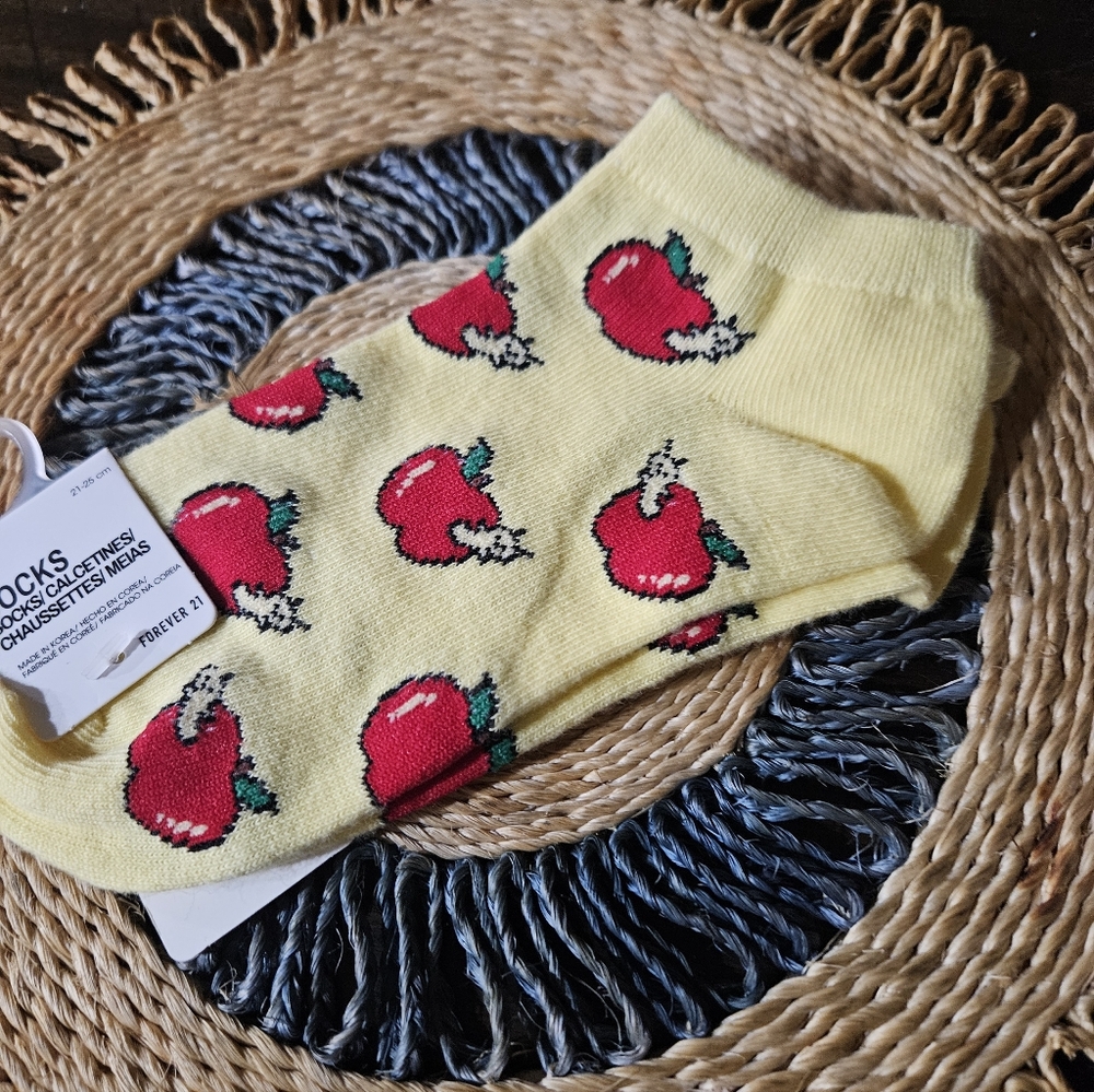 Forever 21 Yellow Ankle Socks with Red Apple Motif